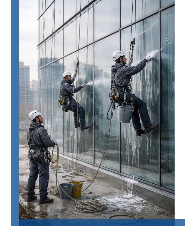 Промышленная мойка панорамных окон на высоте в Советской Гавани