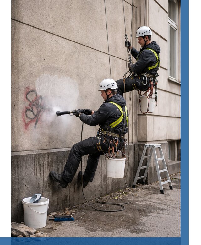 Удаление граффити с фасада в Советской Гавани от 4675 р. | ВЫСОТНИК-Свс