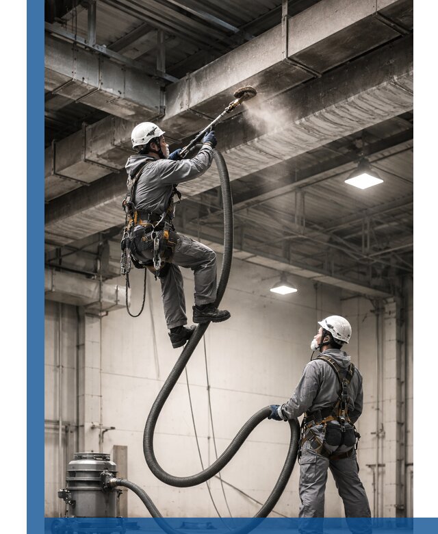 Обеспыливание потолочных конструкций в Советской Гавани промышленным альпинизмом