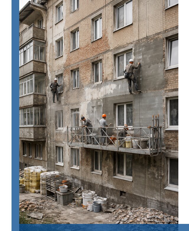 Капитальный ремонт фасада в Советской Гавани с восстановлением и гидроизоляцией