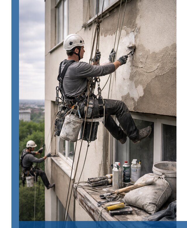 Косметический ремонт фасада зданий в Советской Гавани промышленными альпинистами