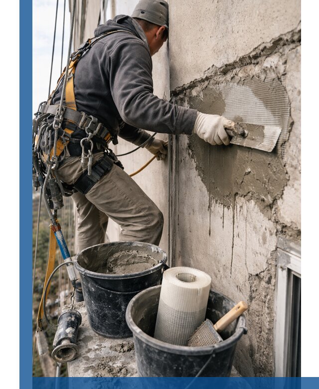 Ремонт бетонных элементов фасада промышленными альпинистами в Советской Гавани