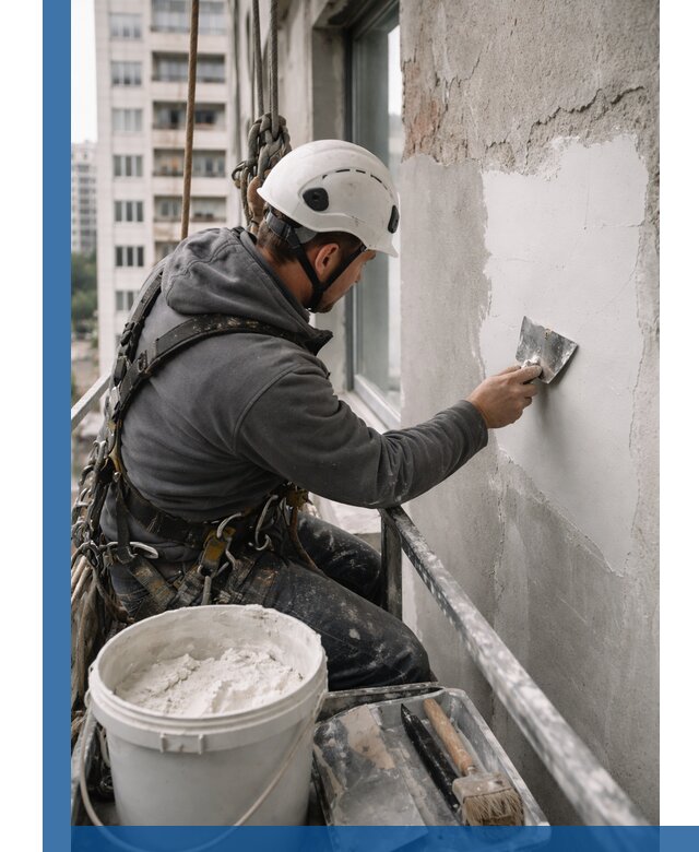 Шпаклевка фасадов на высоте с промальпинистами в Советской Гавани