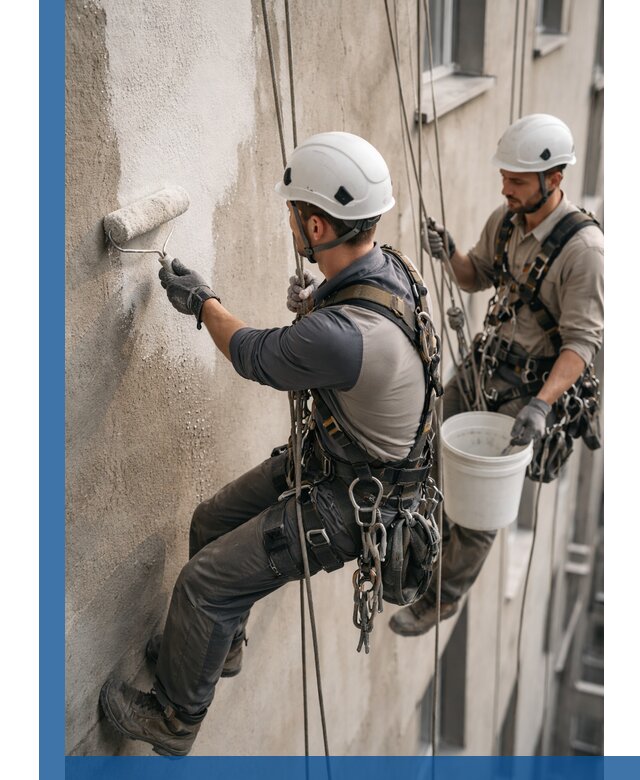 Грунтовка фасада на высоте в Советской Гавани промышленными альпинистами