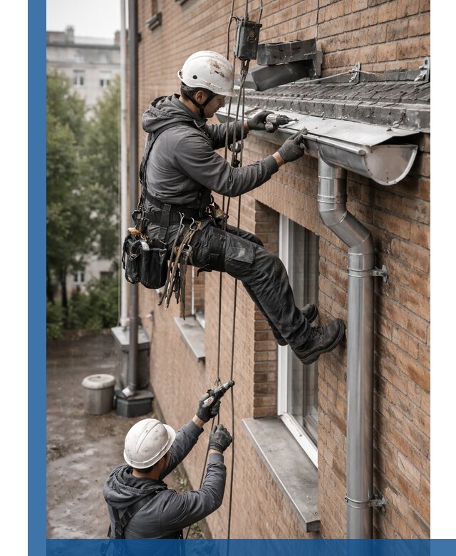 Монтаж водосточной системы на здании в Советской Гавани под ключ