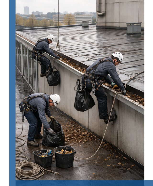 Очистка кровли по периметру в Советской Гавани силами промышленных альпинистов