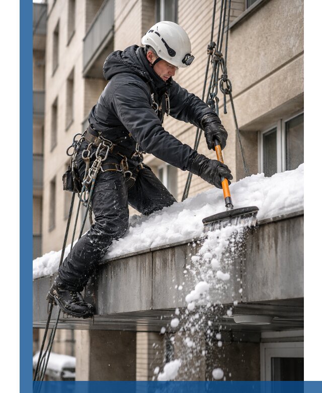 Очистка козырьков от снега в Советской Гавани круглогодично безопасно