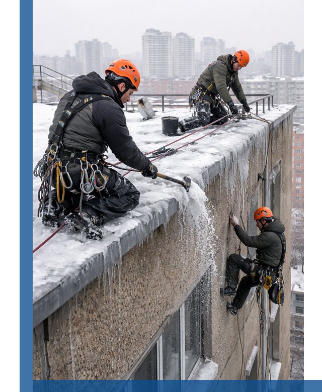 Удаление наледи с кровли в Советской Гавани промышленными альпинистами