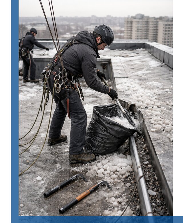 Аварийная очистка кровли в Советской Гавани от промальпинистов
