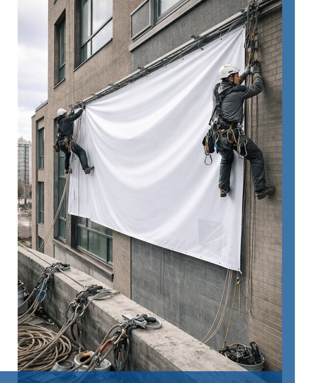 Монтаж баннеров на фасаде в Советской Гавани от 675 р. заказать ВЫСОТНИК-Свс