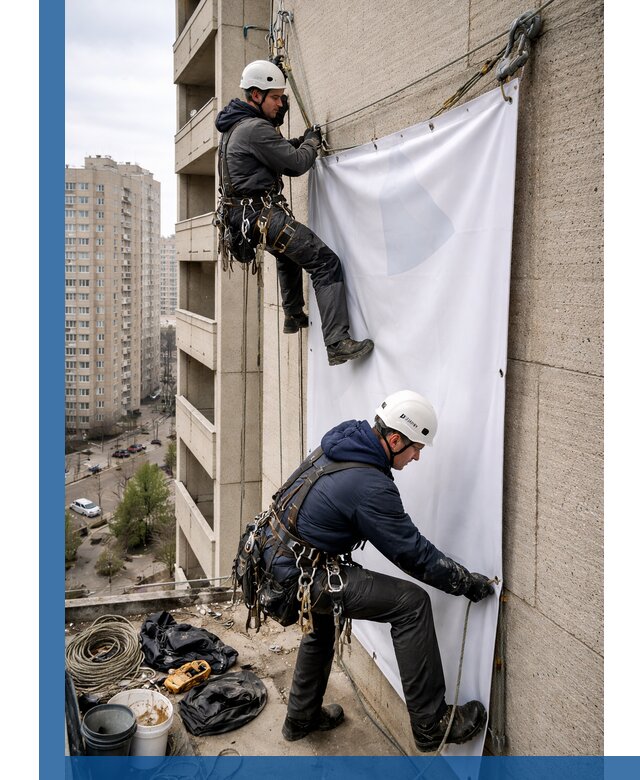 Профессиональный монтаж баннеров на фасаде в Советской Гавани