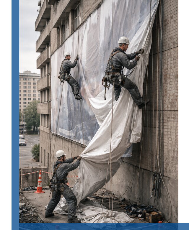 Демонтаж баннеров с фасада в Советской Гавани оперативно и безопасно