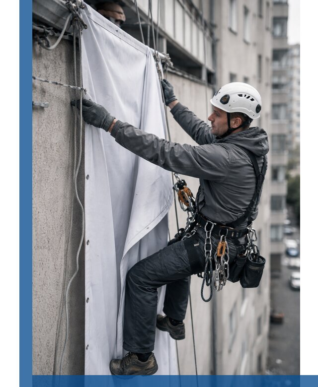 Замена баннерного полотна промышленными альпинистами в Советской Гавани