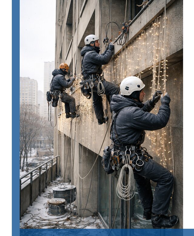 Монтаж новогодней иллюминации и украшение фасадов в Советской Гавани