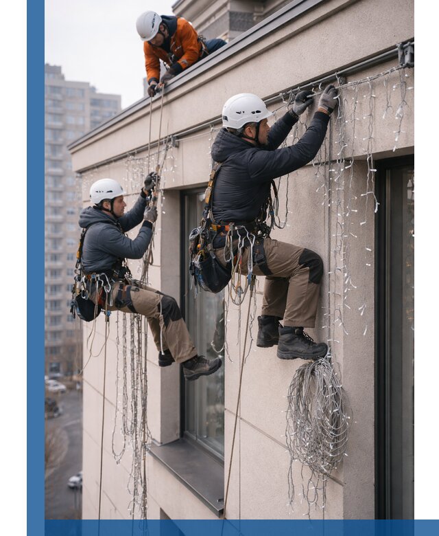 Монтаж праздничных гирлянд на фасаде в Советской Гавани для зданий