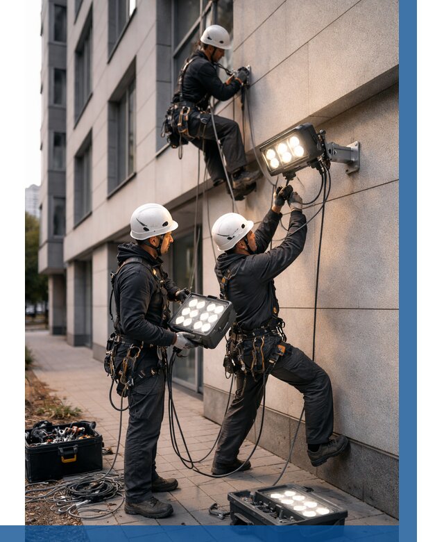 Монтаж прожекторов на фасаде в Советской Гавани от 7792 р. | ВЫСОТНИК-Свс