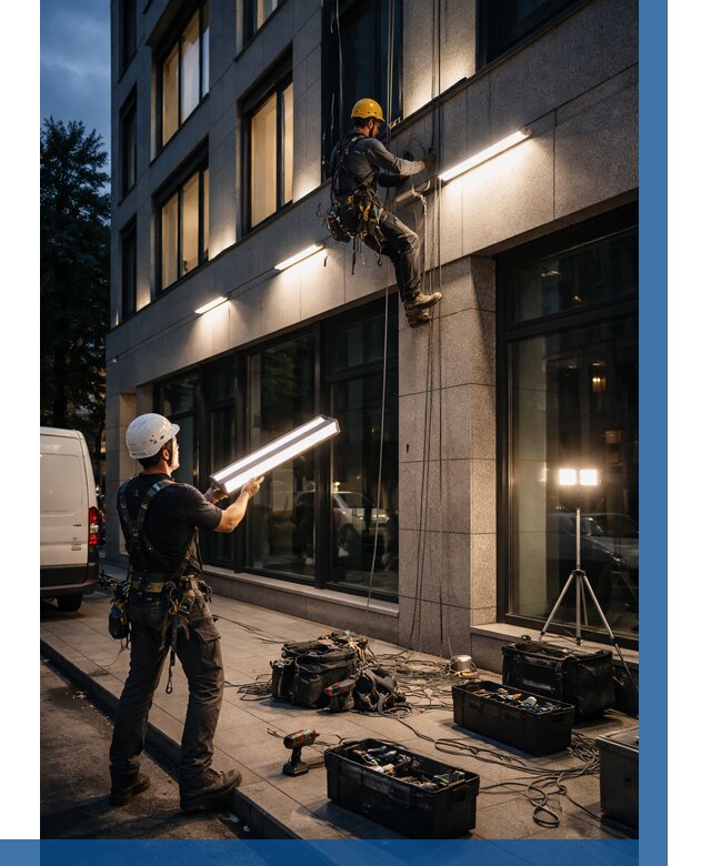 Монтаж архитектурной подсветки здания в Советской Гавани от 2597 р.|ВЫСОТНИК-Свс