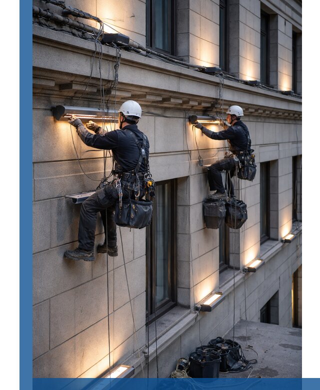 Монтаж архитектурной подсветки фасадов зданий в Советской Гавани