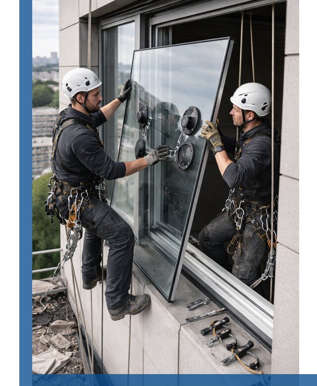 Замена стеклопакетов на высоте с промышленными альпинистами в Советской Гавани