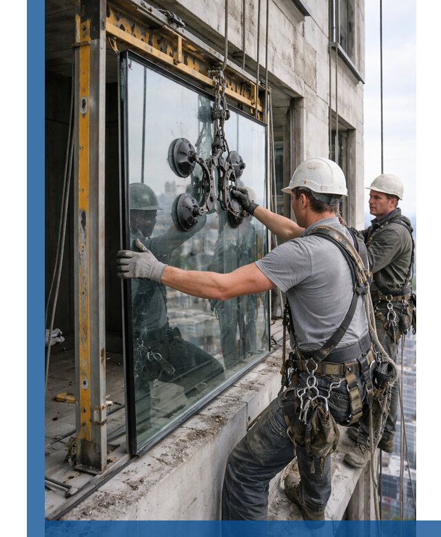 Монтаж стеклопакетов на высоте в Советской Гавани с промышленным альпинизмом