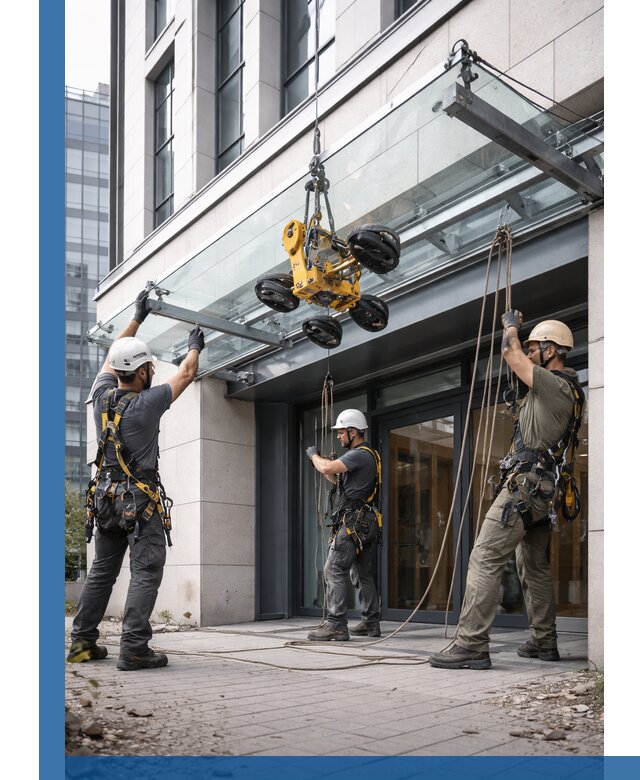 Монтаж стеклянных козырьков под ключ в Советской Гавани для зданий