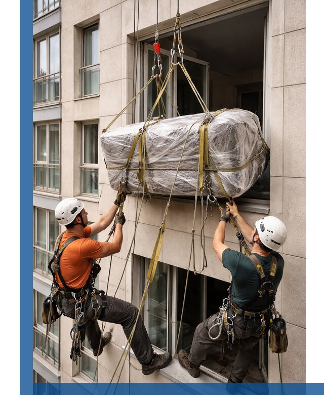 Подъем грузов через окно в Советской Гавани промышленными альпинистами