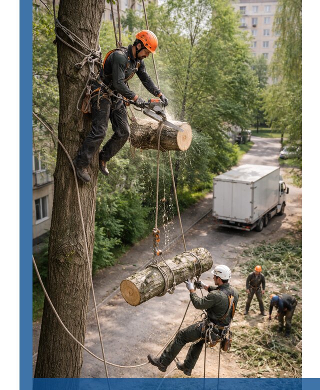 Спил деревьев альпинистами в Советской Гавани, безопасно и без повреждений