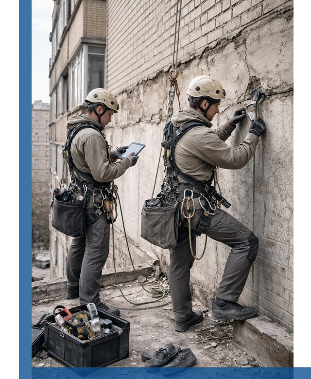 Обследование фасада промышленными альпинистами в Советской Гавани